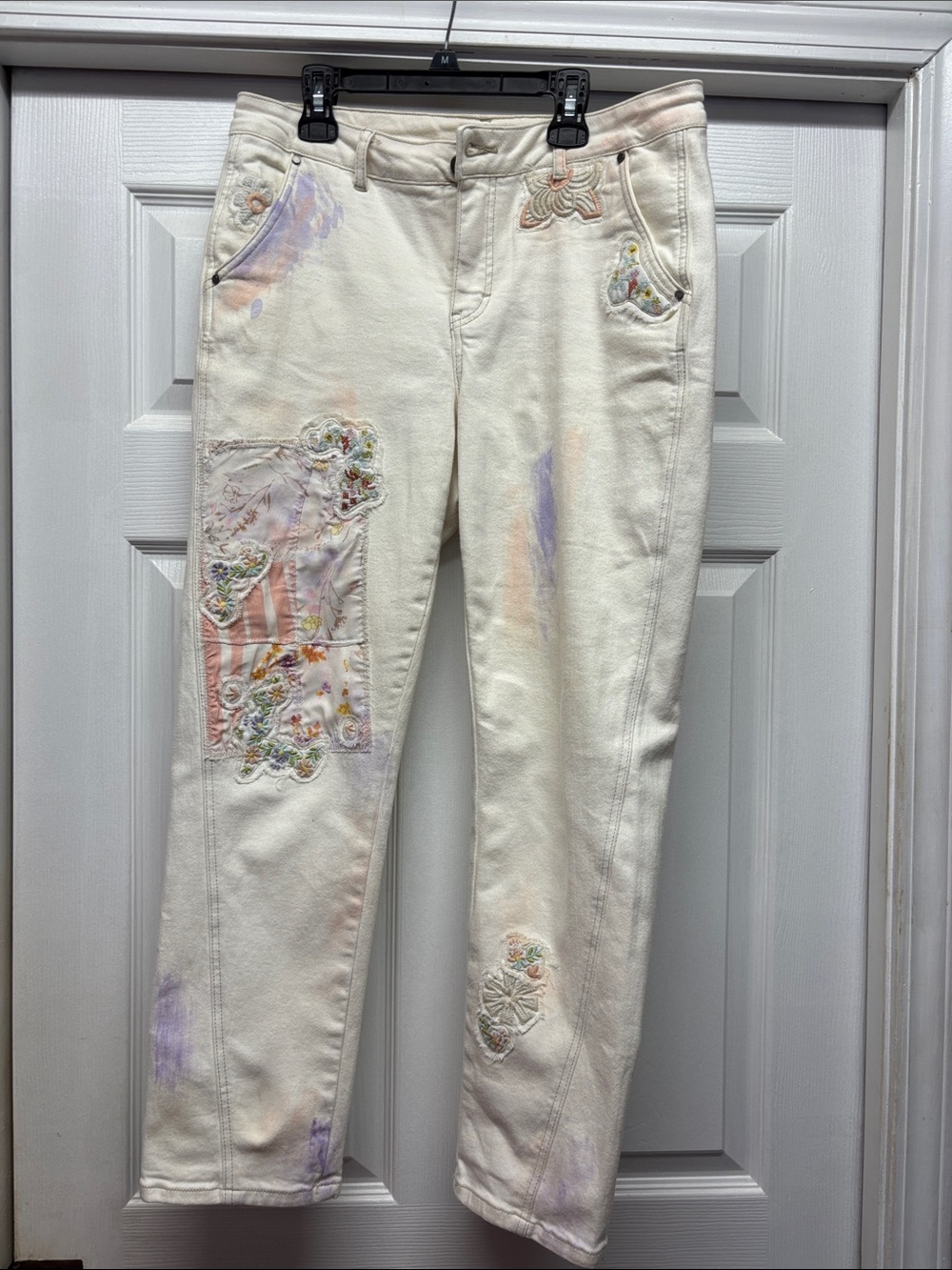 Tru Luxe Jeans Women's Boho Cream Embroidered Pastel Patchwork Jeans Sz 8
